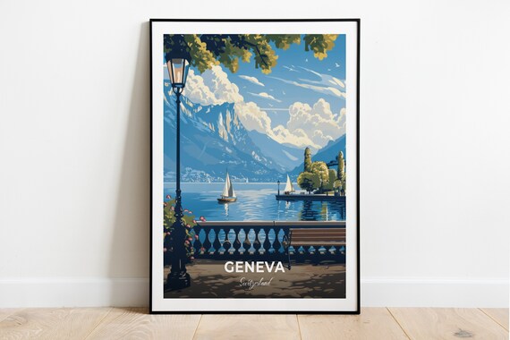 Geneva Lakeside Sailboats Scenic Promenade View Travel Poster