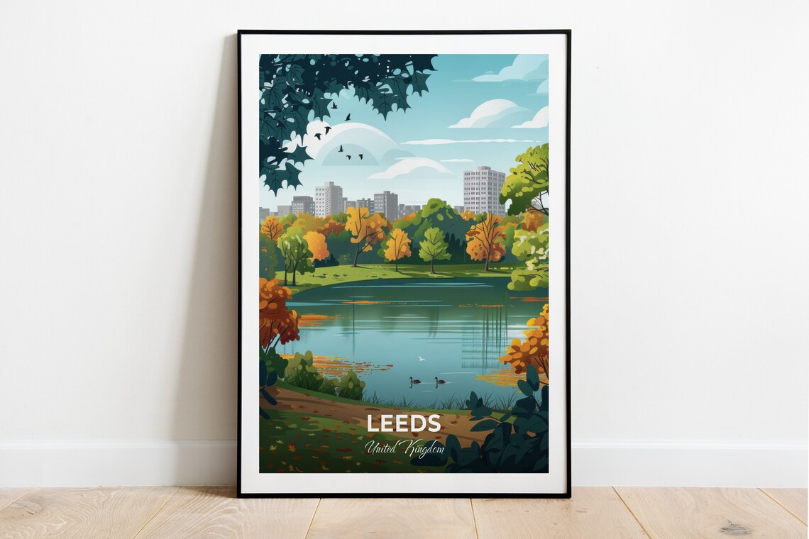 Leeds Roundhay Park Autumn Lake Trees City Skyline Travel Poster