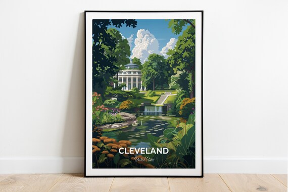 Cleveland Botanical Garden Glass Conservatory Pond Waterfall Travel Poster