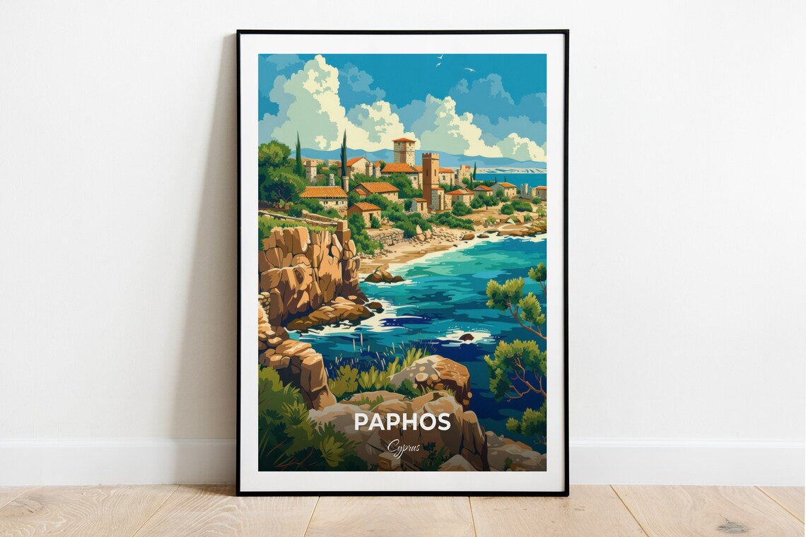Paphos Cyprus Rocky Coast Bay Old Town Cliffs Travel Art Poster