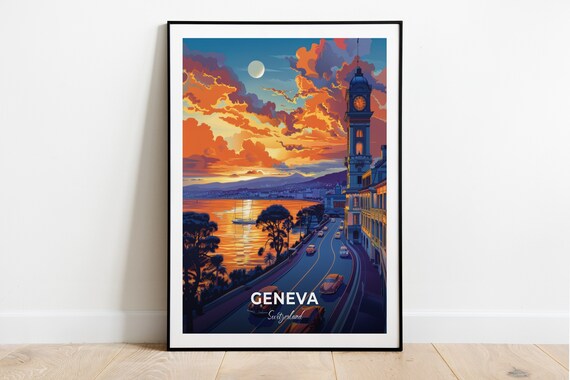 Geneva Switzerland Sunset Clock Tower Lake Vintage Travel Poster