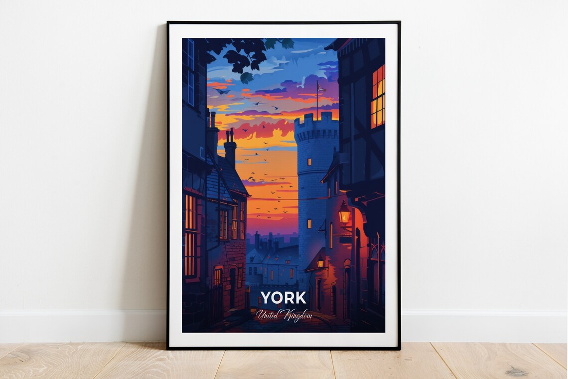 York United Kingdom Medieval Tower Night Street Glowing Windows Poster