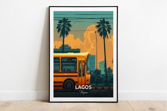 Lagos Nigeria Yellow Danfo Bus Palms City Sunset Street Travel Poster