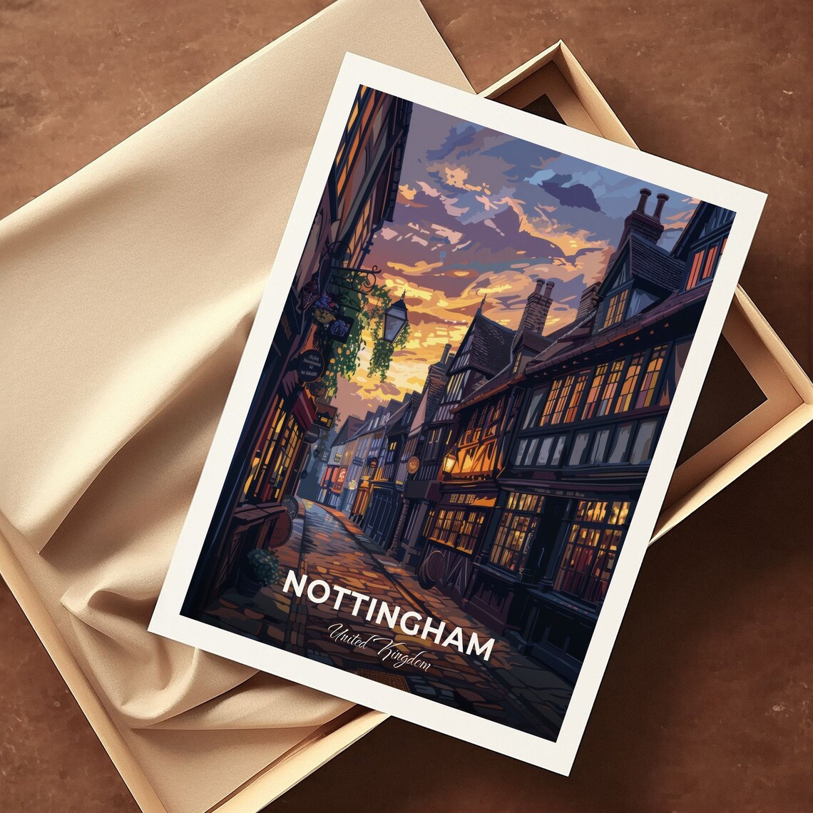 Nottingham Historic Pub Street Twilight Tudor Buildings Poster - Image 3