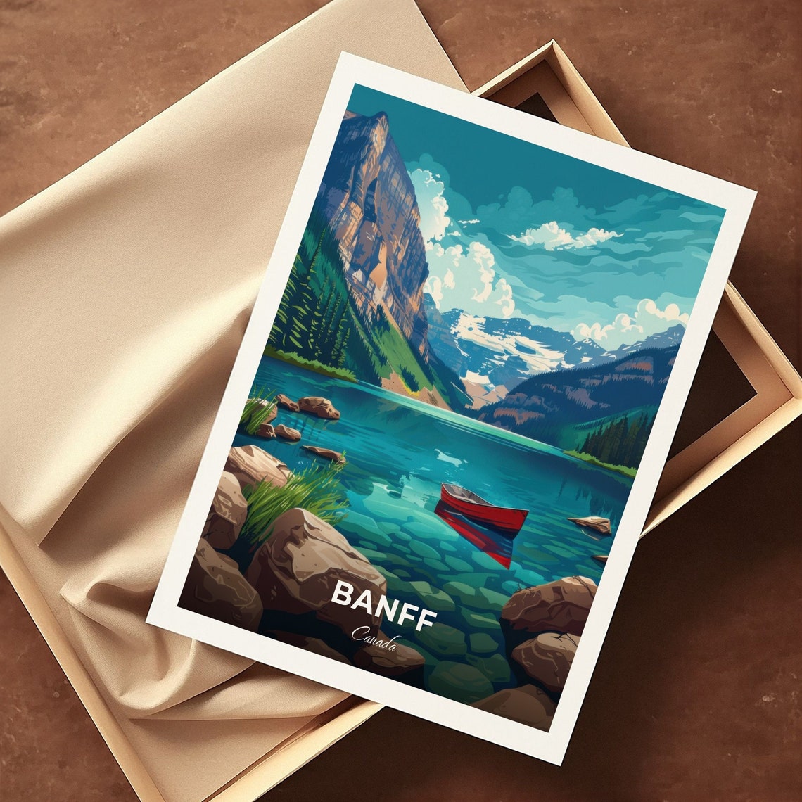 Banff Canada Turquoise Mountain Lake Red Canoe Travel Poster - Image 3