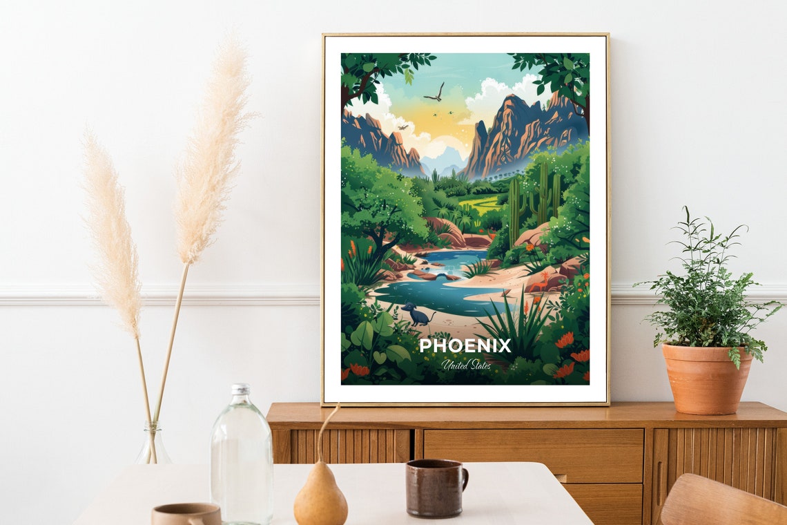 Phoenix Zoo Lush Oasis Palms Stream Mountains United States Poster - Image 2