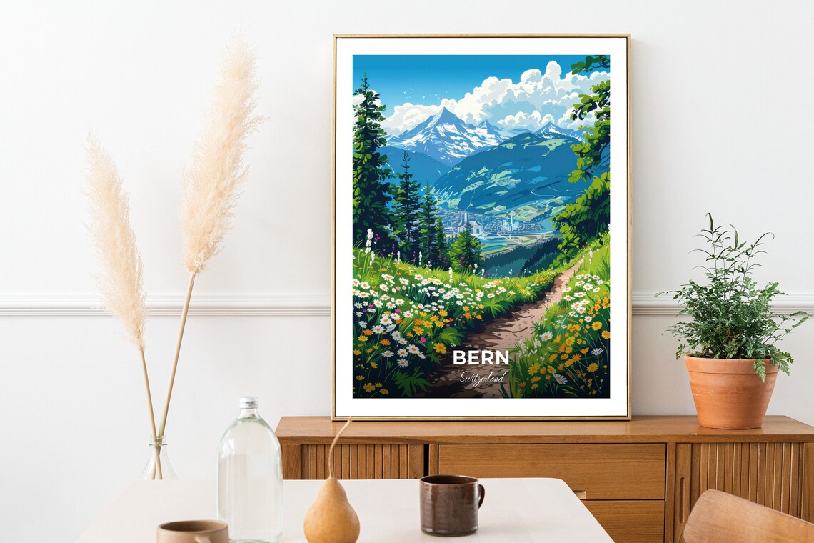 Bern Switzerland Alpine Meadow Wildflowers Snowy Peaks Mountain Poster - Image 2