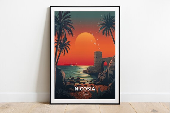 Nicosia Cyprus Beach Sunset Stone Tower Palms Ocean Travel Poster