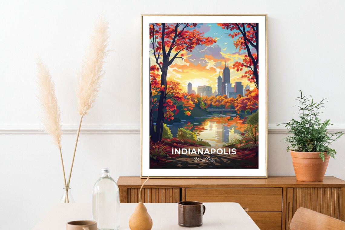 Indianapolis United States Autumn Park Lake Skyline Travel Poster - Image 2