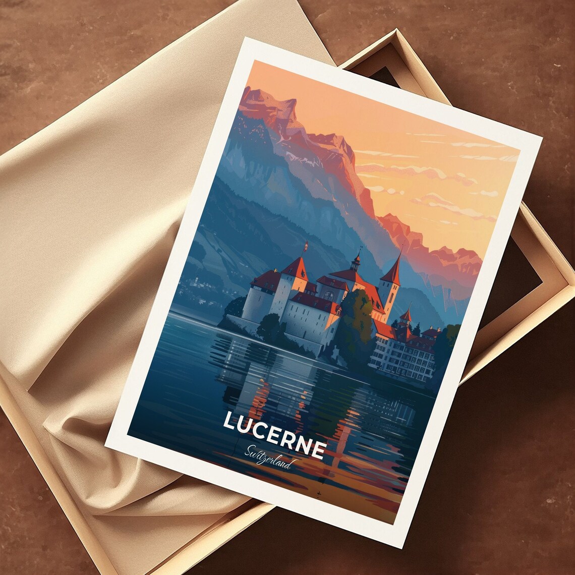 Lucerne Switzerland Travel Poster Lakeside Old Town Sunset Artwork - Image 3