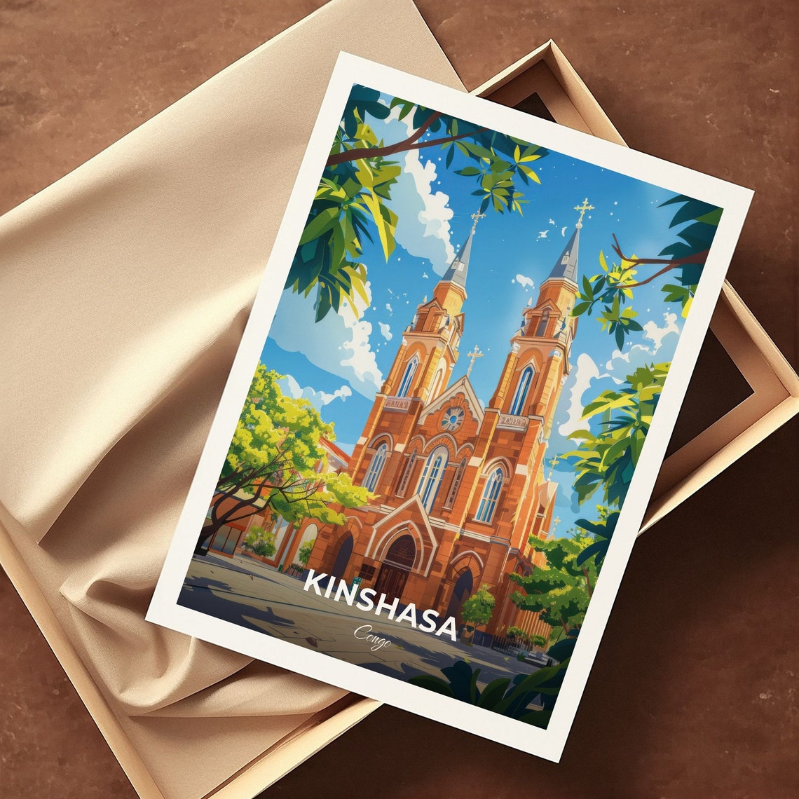 Kinshasa Congo Twin Spired Brick Cathedral Sunny Plaza Landmark Poster - Image 3
