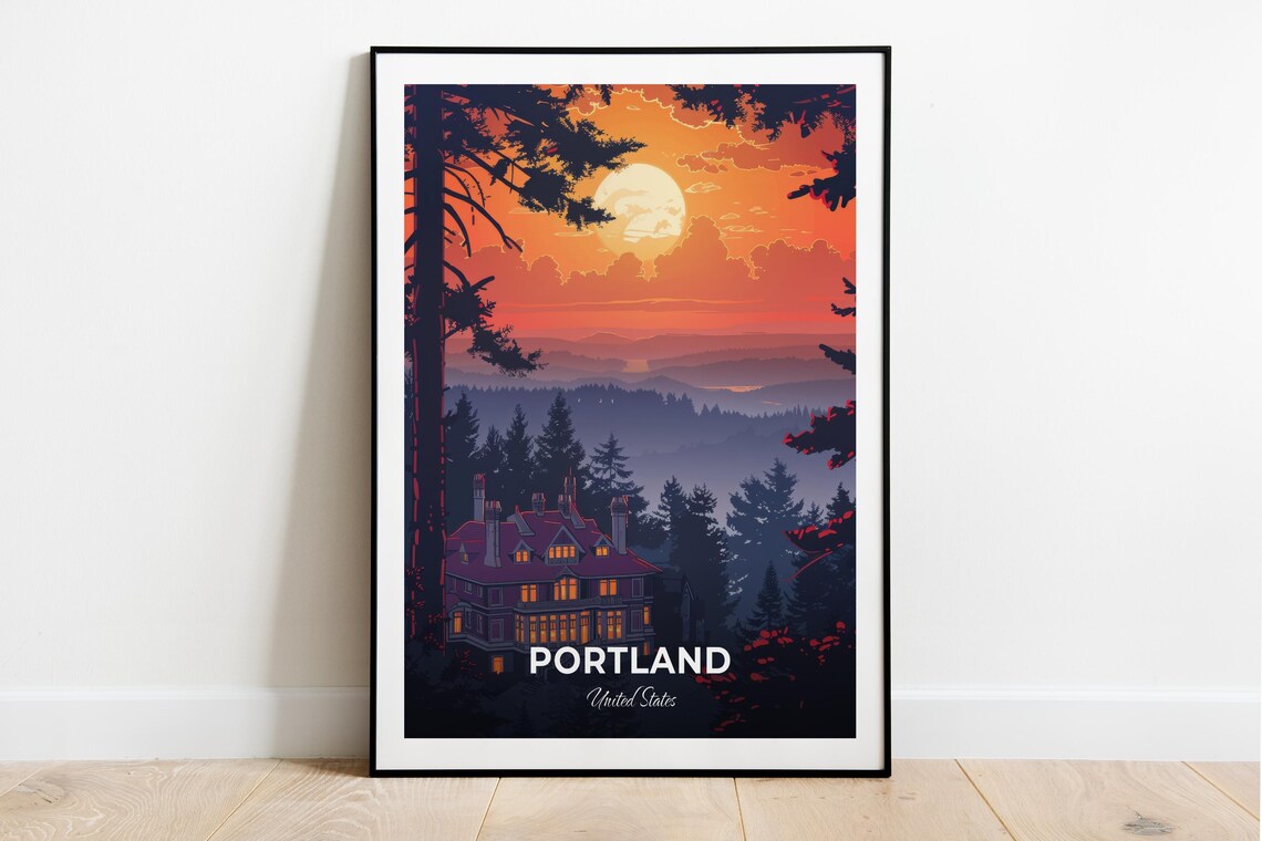 Portland Pittock Mansion Sunset Hilltop Modern Travel Poster
