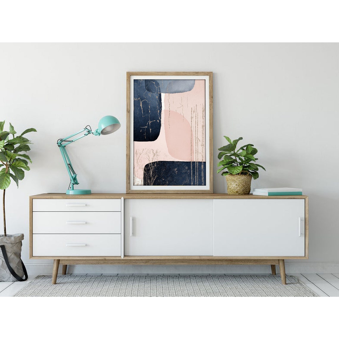 Navy Blue and Blush Abstract With Gold Veins Modern Art Poster - Image 3