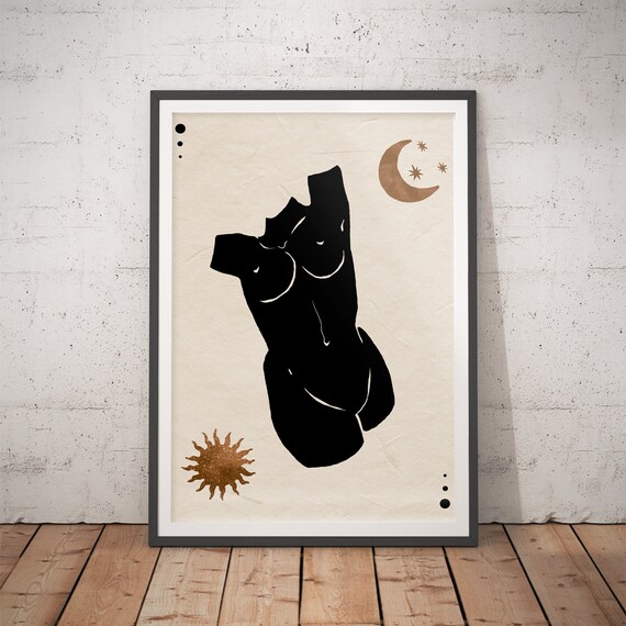 Black Female Torso Silhouette Gold Sun Moon Poster for Modern Home Decor