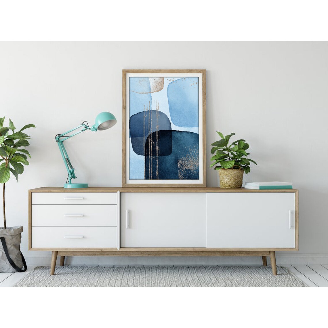 Blue Abstract Watercolor Shapes Gold Lines Modern Decor Poster - Image 3