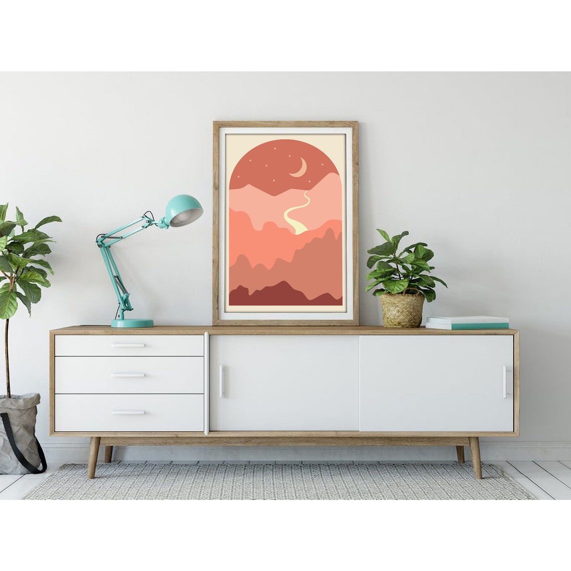 Dusty Rose Night Landscape with Moon and Stars Arched Scene Poster - Image 3