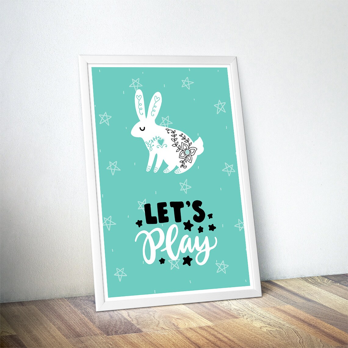 Let's Play Bunny Nursery Poster Mint Teal Rabbit Kids Playroom Wall Decor - Image 4