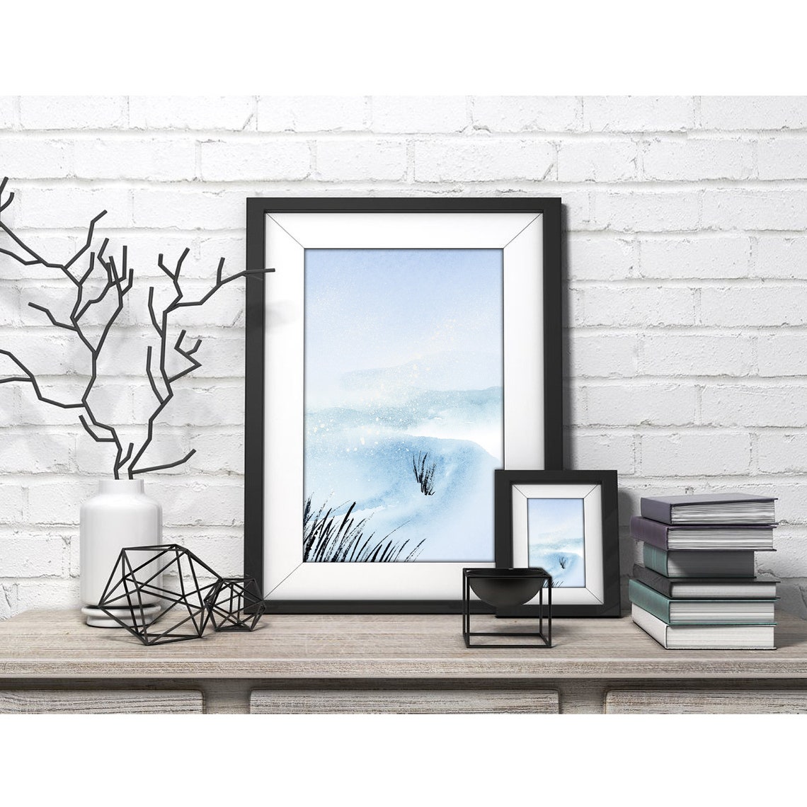Misty Pale Beach With Dark Reeds Minimalist Watercolor Poster - Image 4