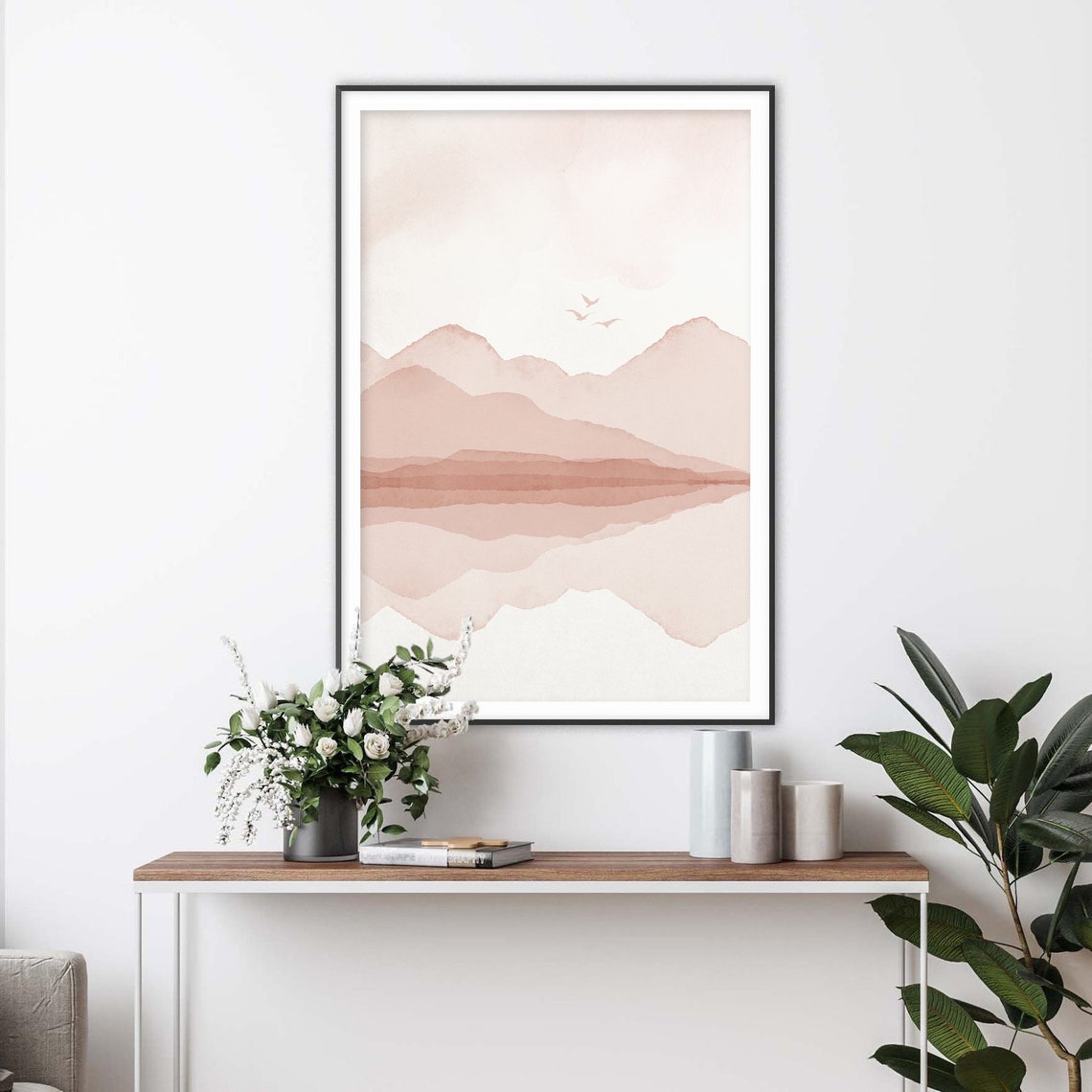 Blush Mountain Reflection Three Flying Birds Watercolor Poster - Image 2