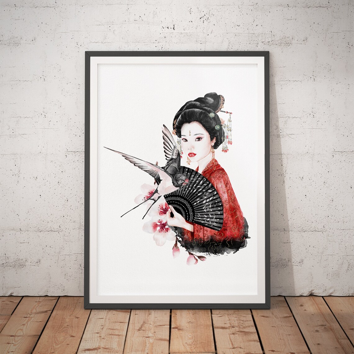 Geisha Japanese Watercolor Art Print, Zen Decor