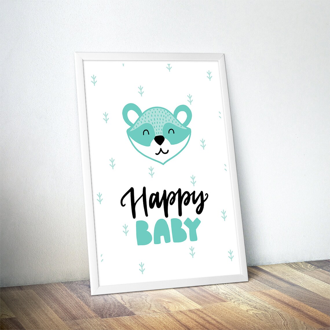 Happy Baby Smiling Raccoon Nursery Poster Mint Baby Shower Room Decor - Image 4