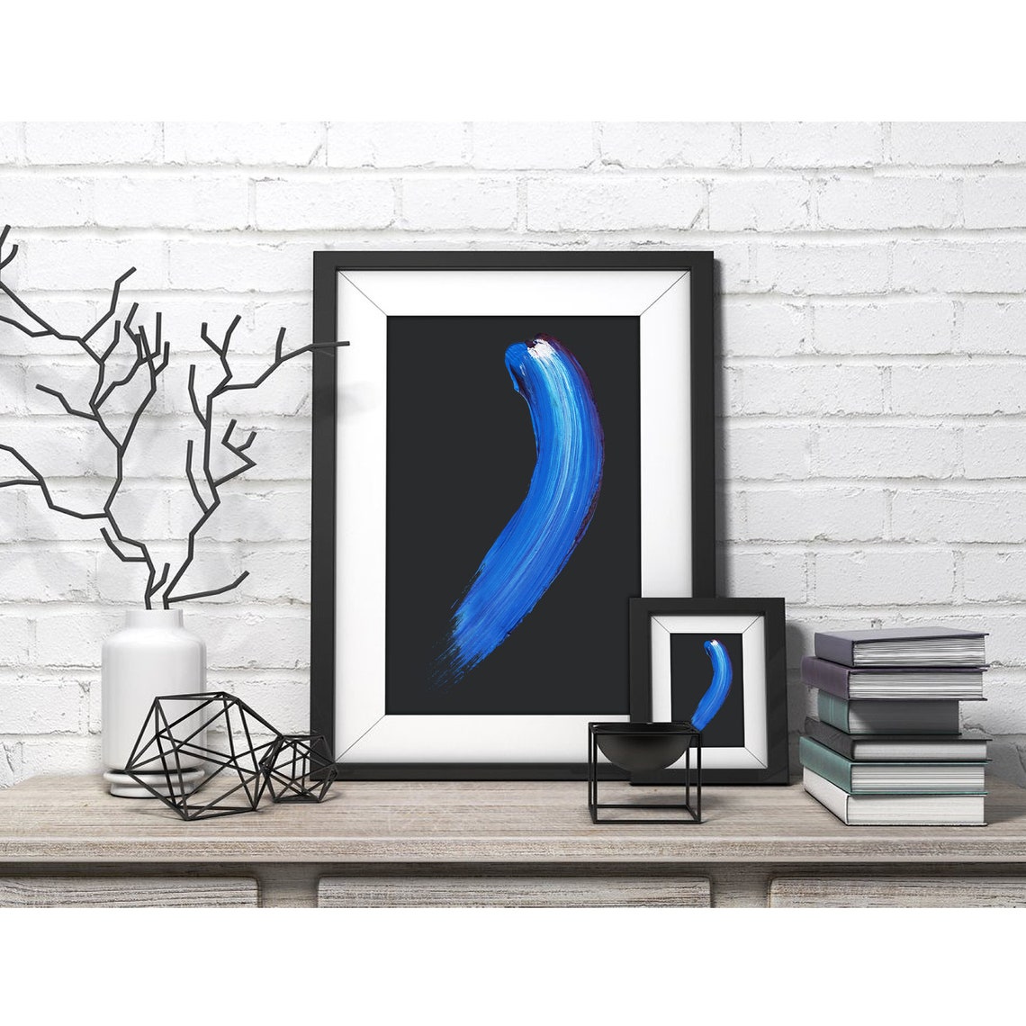Cobalt Blue Curved Paint Stroke Brushstroke Art on Black Poster - Image 4