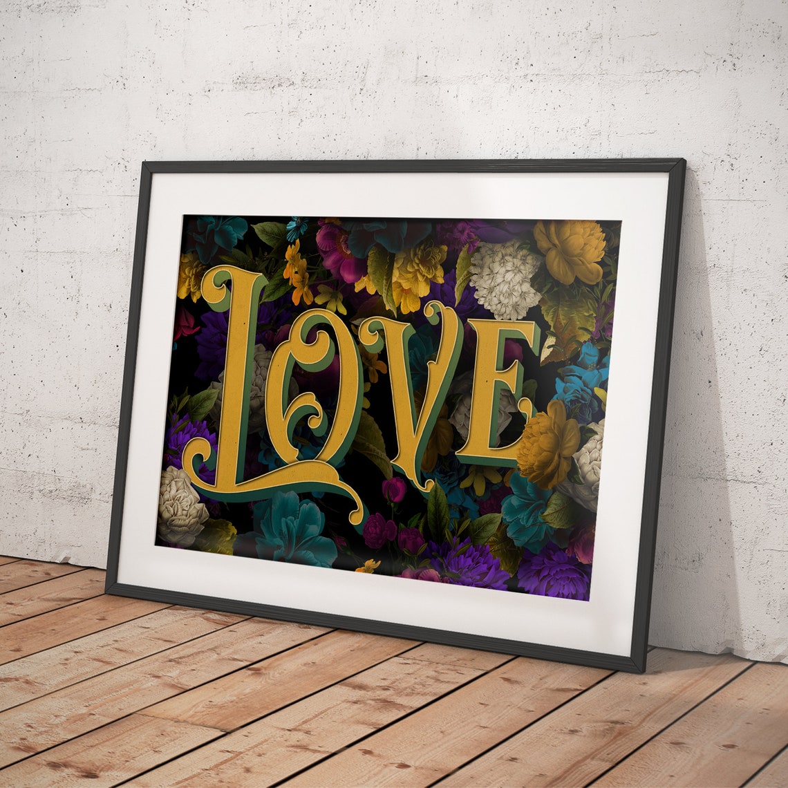 Love Gold Ornate Lettering Over Jewel Toned Florals Quote Poster - Image 4
