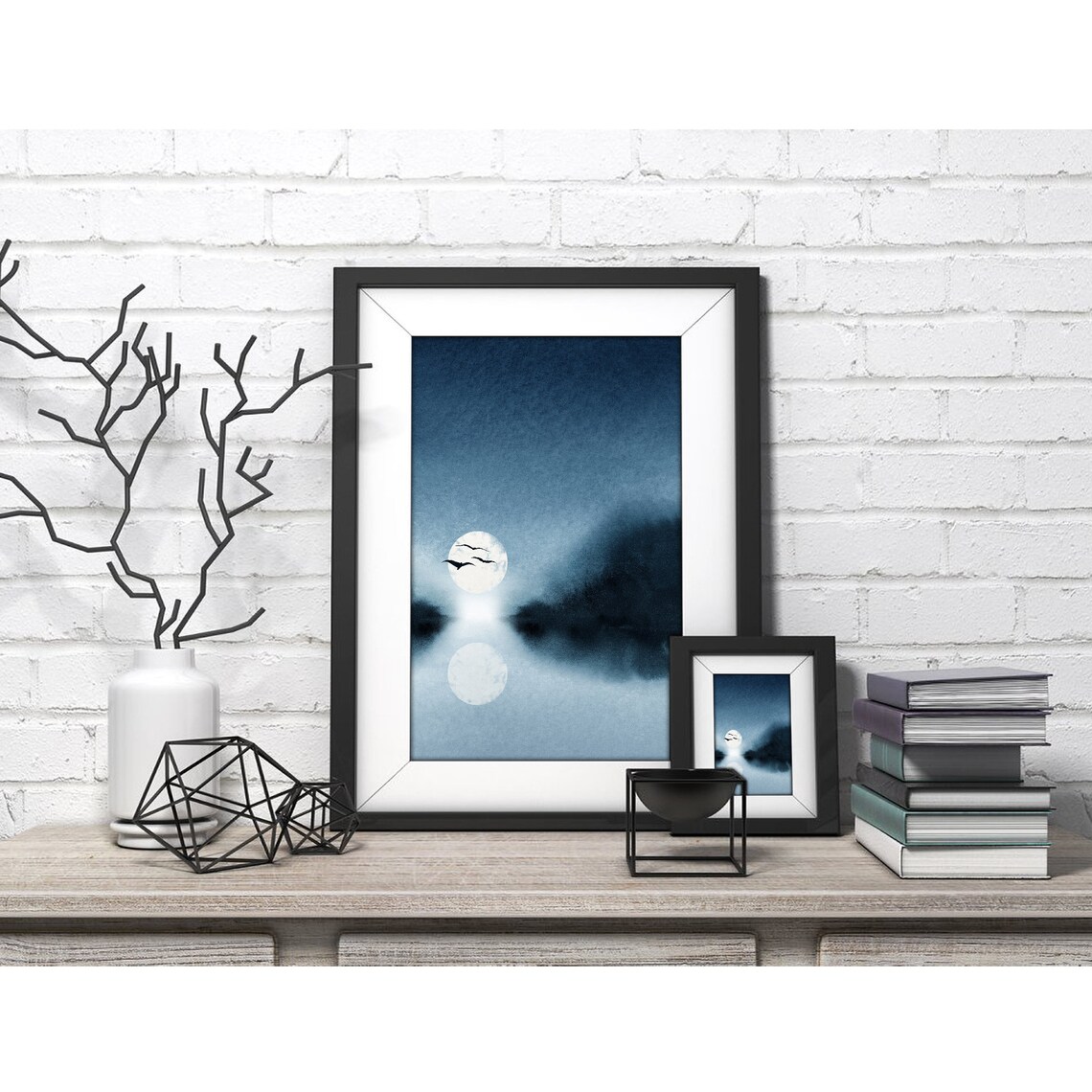Full Moon Reflection Over Water With Flying Birds Blue Watercolor Poster - Image 4