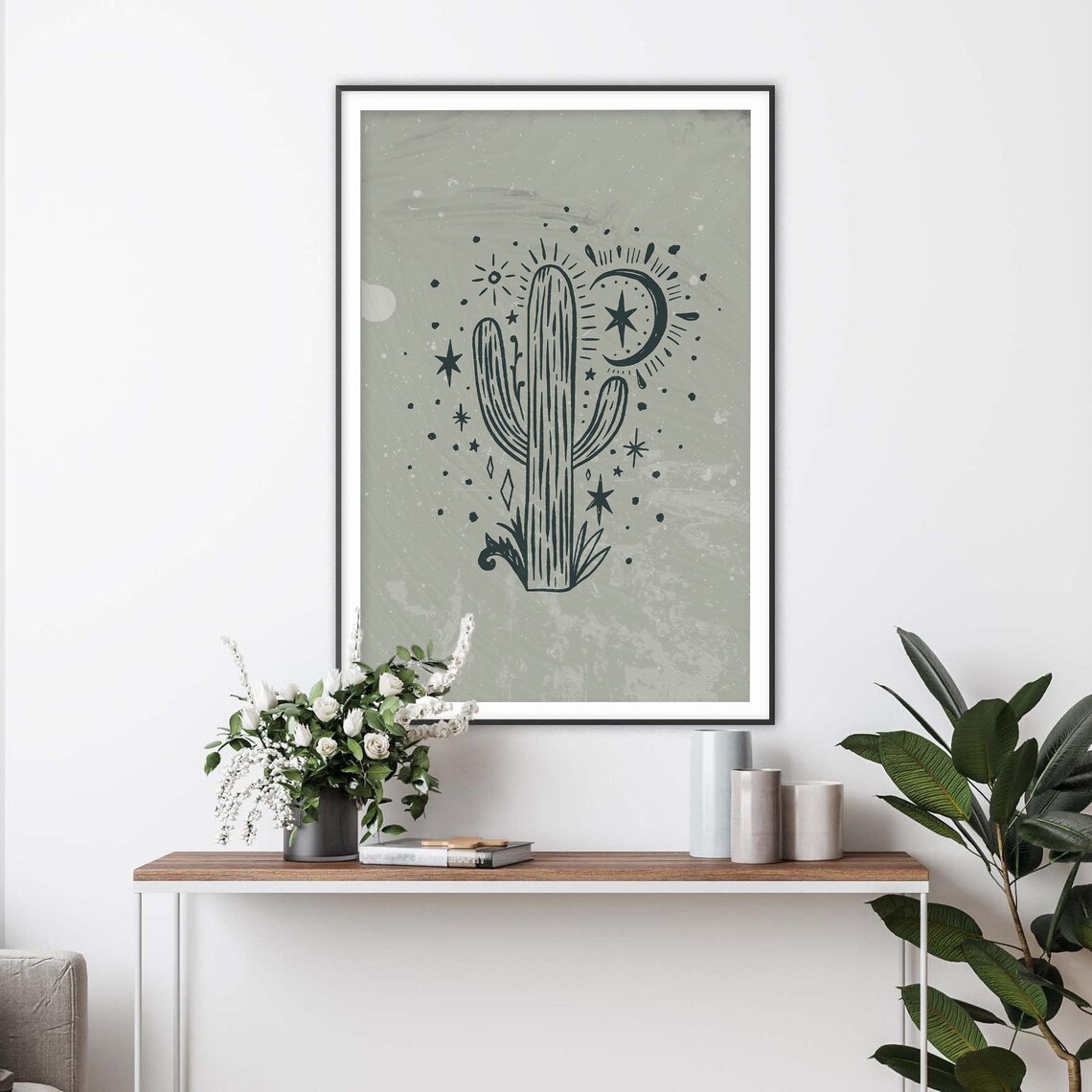 Sage Green Cactus with Sun Moon Stars Celestial Poster for Modern Home Decor - Image 2