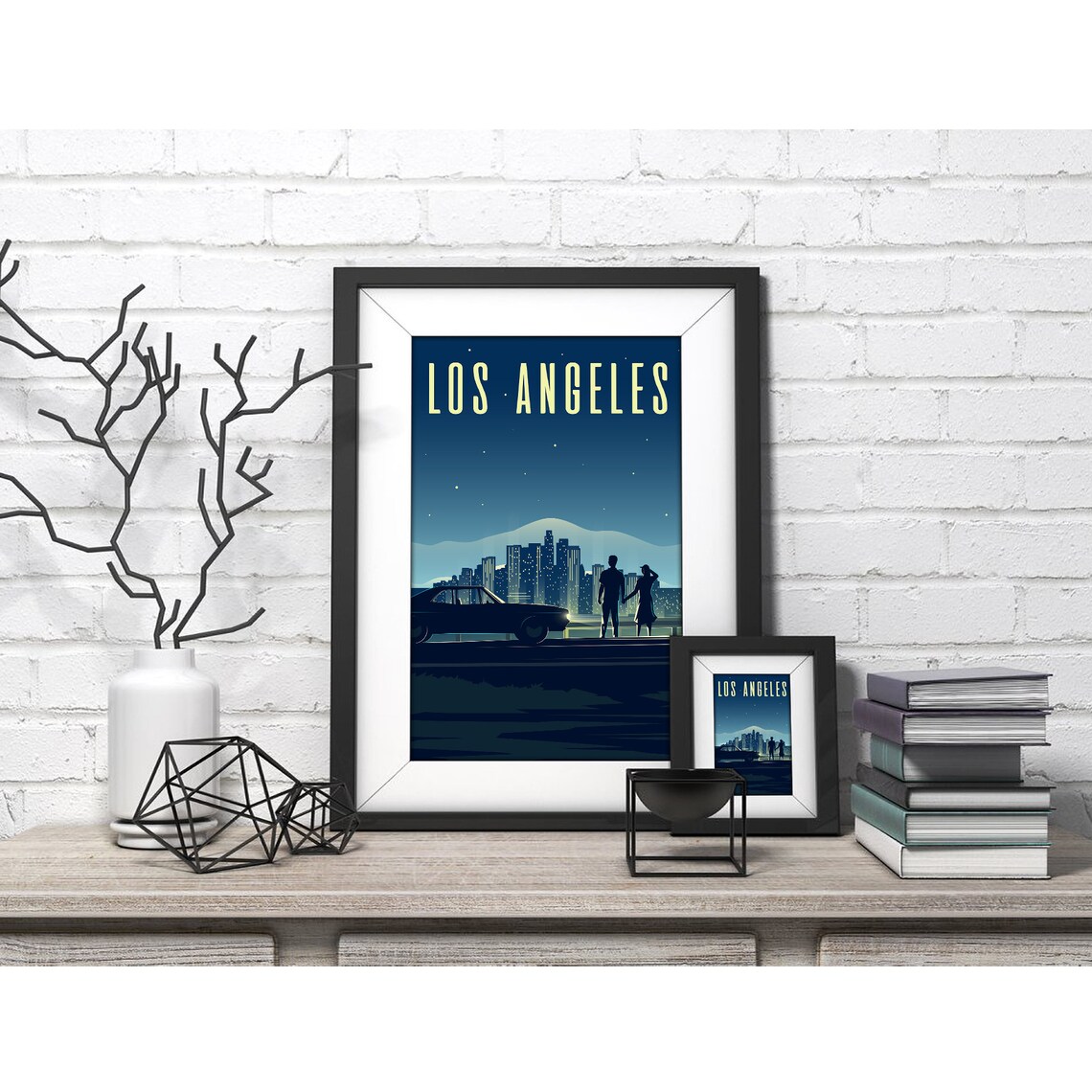 Los Angeles Night Skyline Couple Classic Car Vintage Travel Poster - Image 4