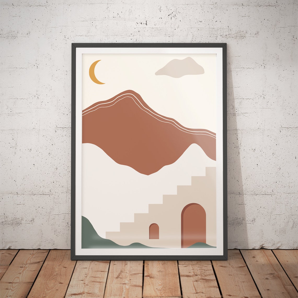 Crescent Moon Over Terracotta Mountain Village Stairs White Poster