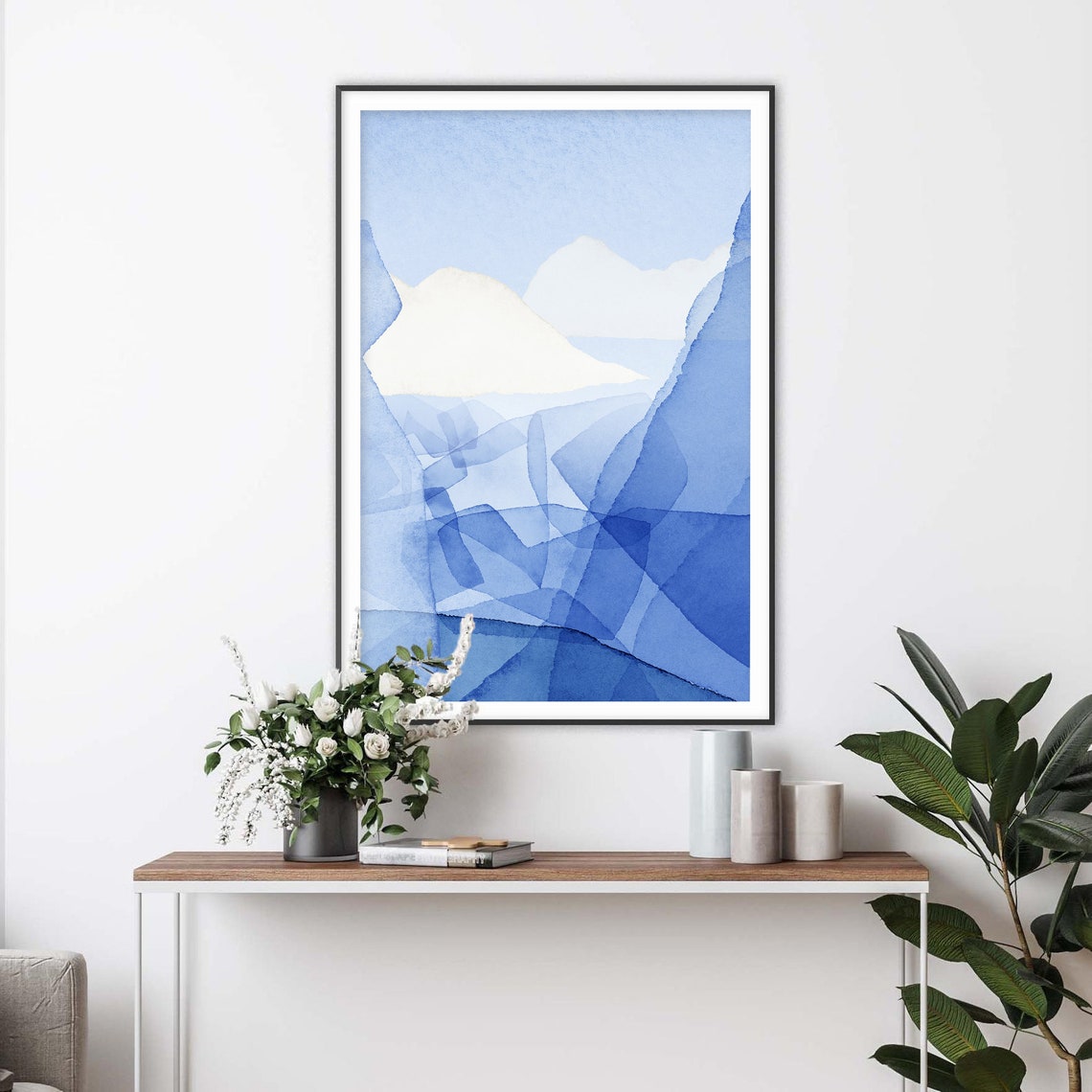 Blue Abstract Watercolor Mountain Layers Minimalist Art Poster - Image 2