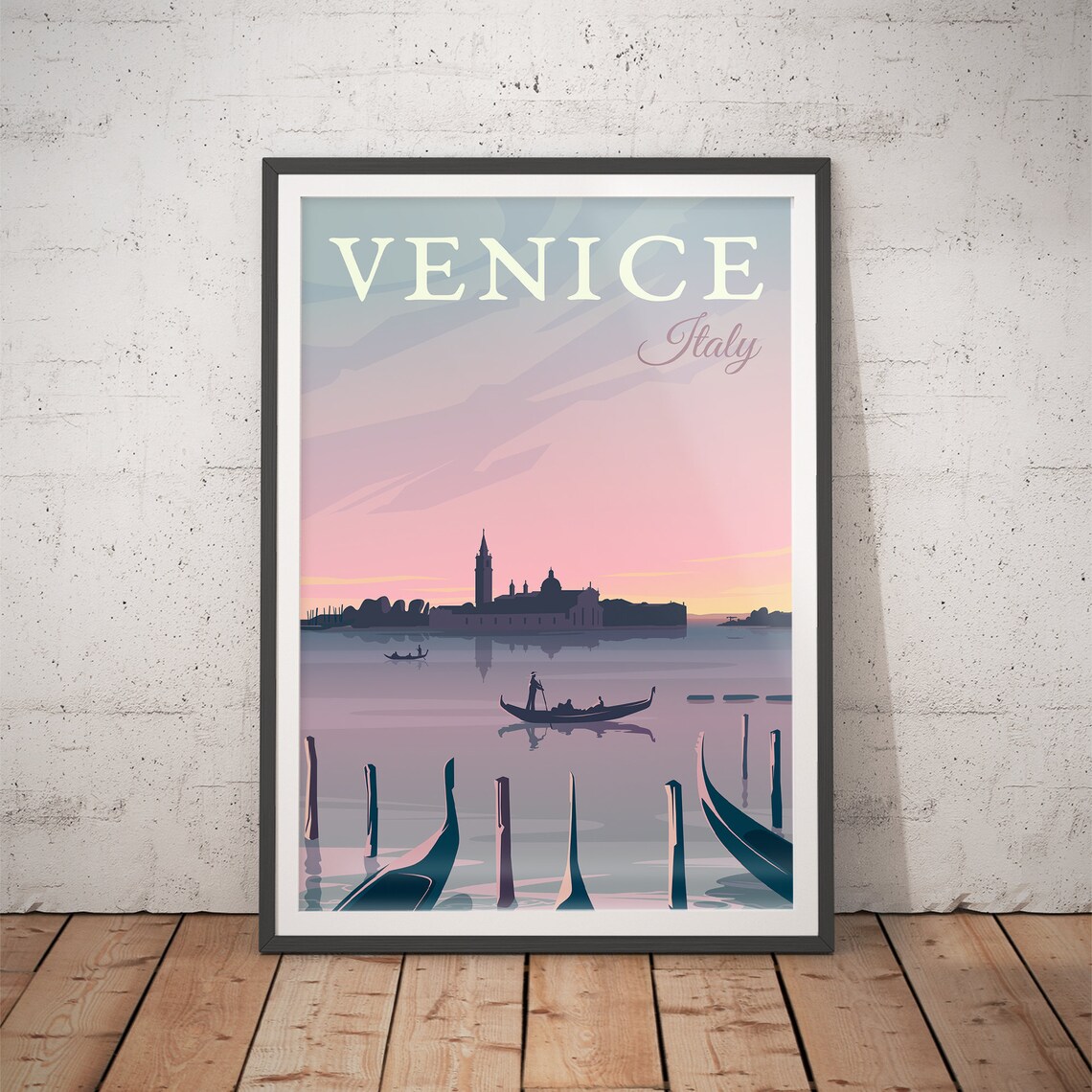 Venice Italy Sunset Gondola on the Lagoon Retro Travel Art Poster