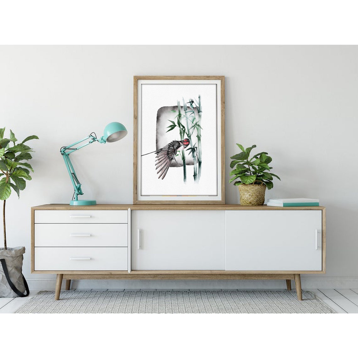 Swallow Diving Through Green Bamboo Japanese Watercolor Poster - Image 3