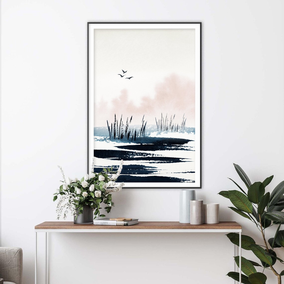 Minimalist Beach Scene Flying Birds Reeds Ink Watercolor Poster - Image 2