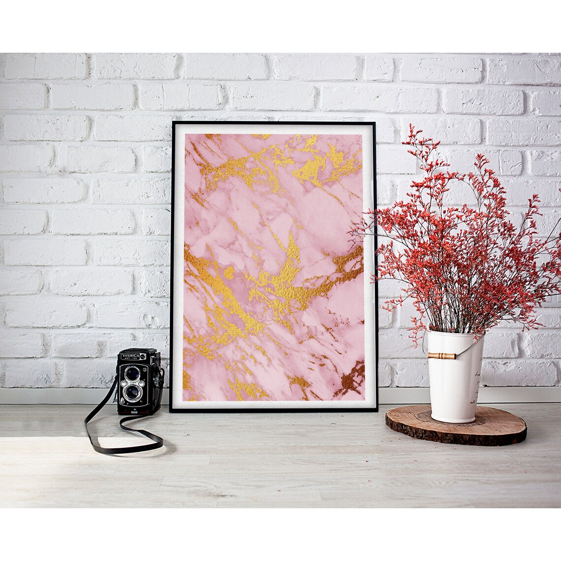 Pink Marble Gold Foil Diagonal Streaks Glam Modern Art Poster - Image 3
