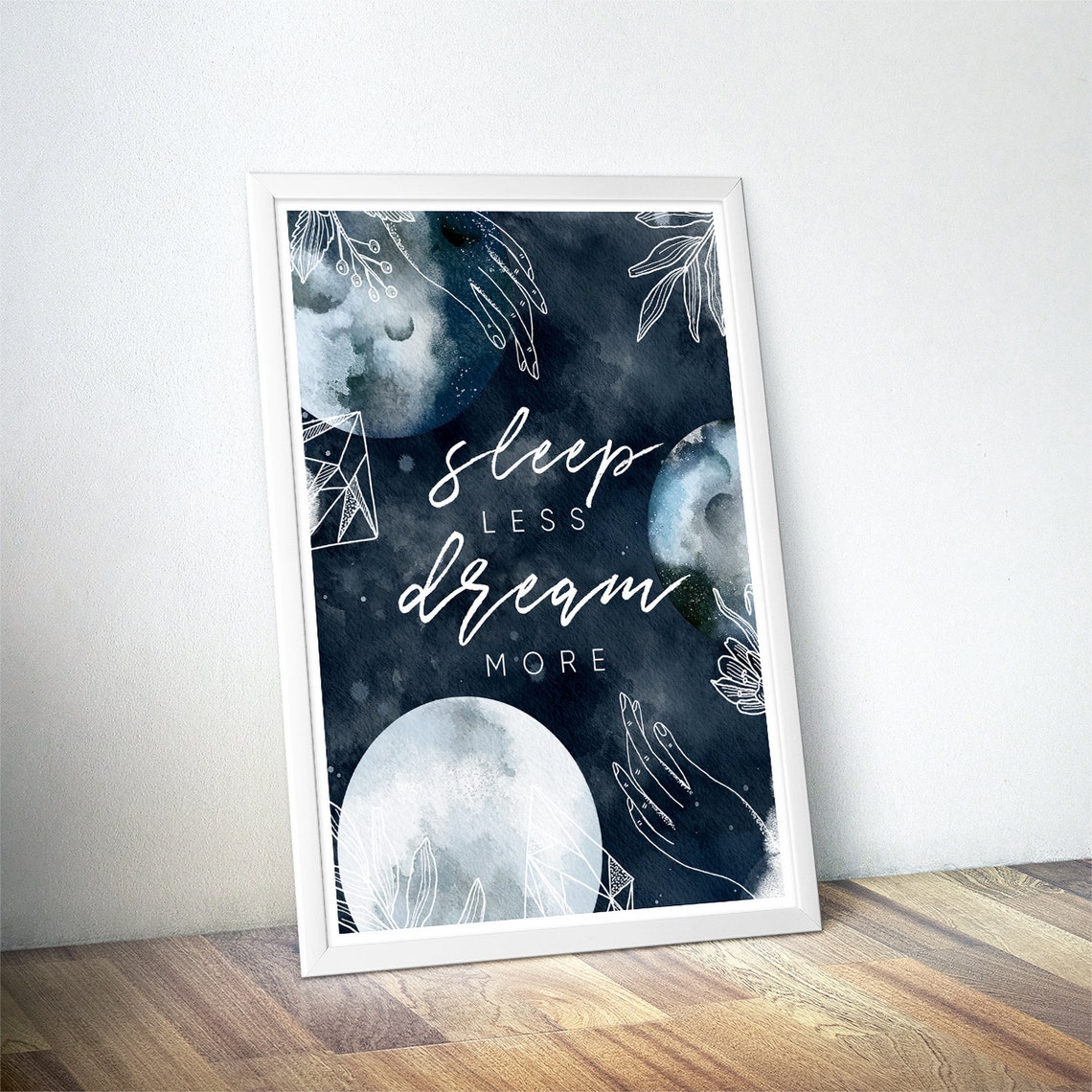 Sleep Less Dream More Celestial Watercolor Moon Quote Wall Art - Image 4