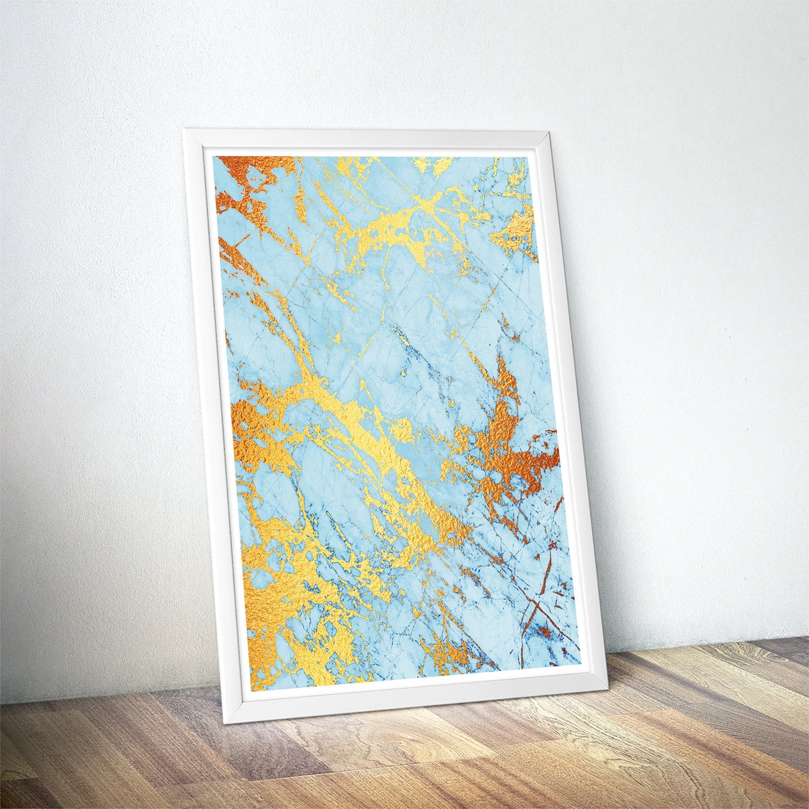Sky Blue Gold Foil Veins Marble Abstract Contemporary Art Poster - Image 4