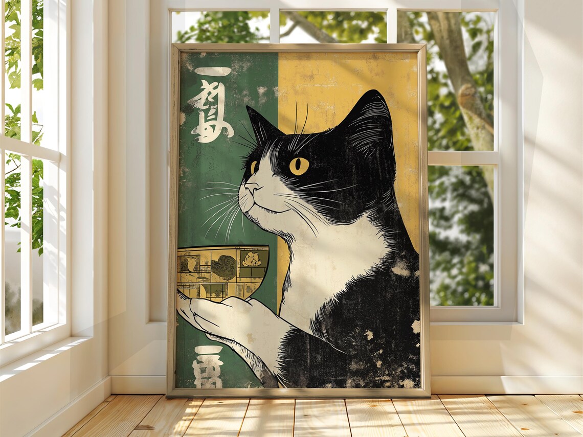Tuxedo Cat Holding Bento Box Funny Vintage Japanese Style Print
