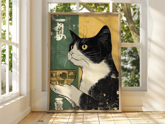 Cat With Soup Art Vintage Japanese Wall Animal Poster Funny Print Ramen