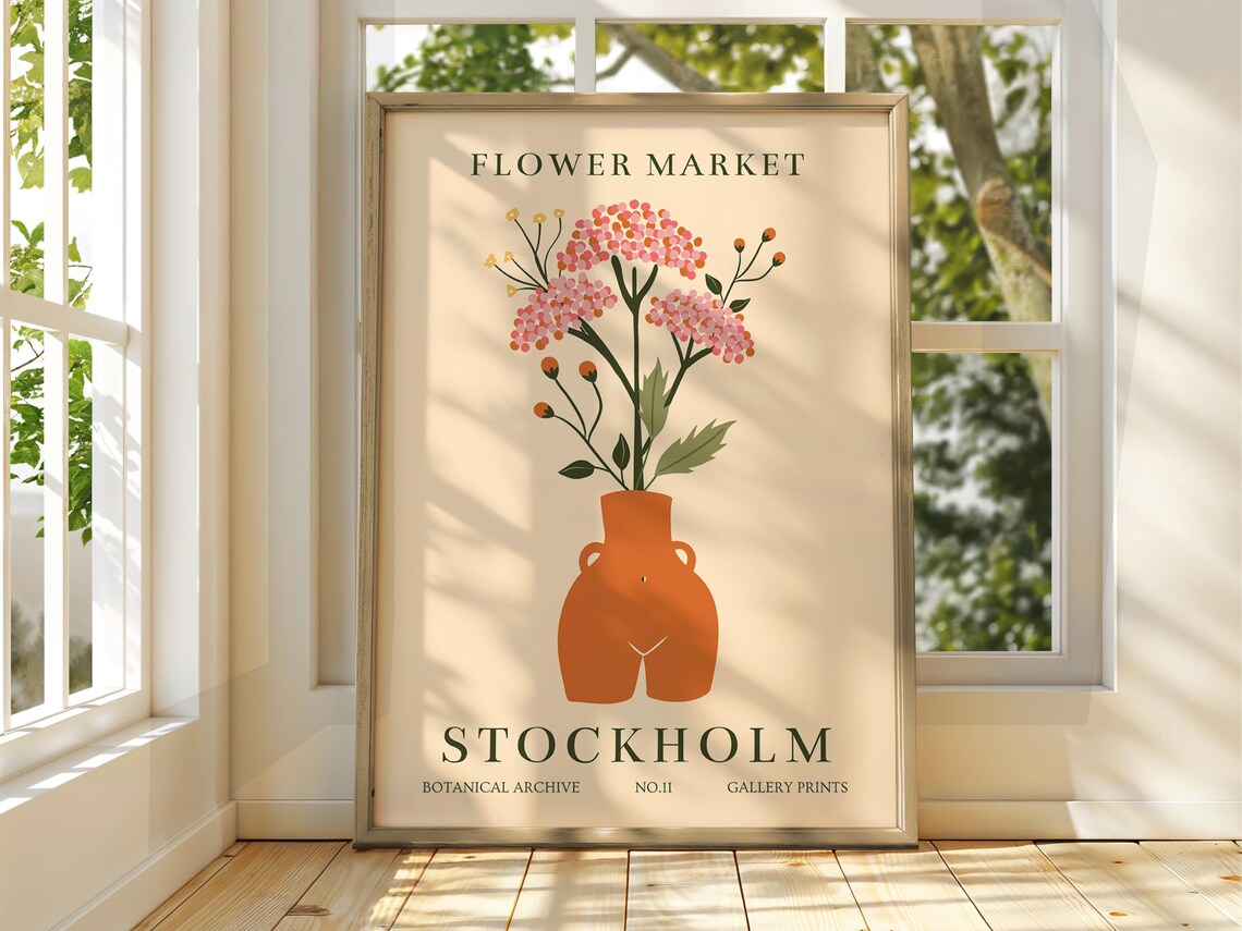 Stockholm Flower Market Botanical Poster Pink Wildflowers Orange Vase
