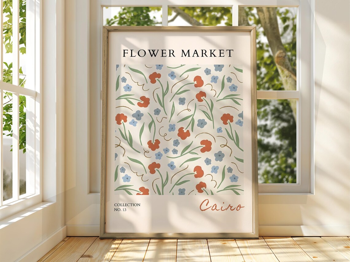Flower Market Cairo Terracotta Blue Abstract Floral Exhibition Poster