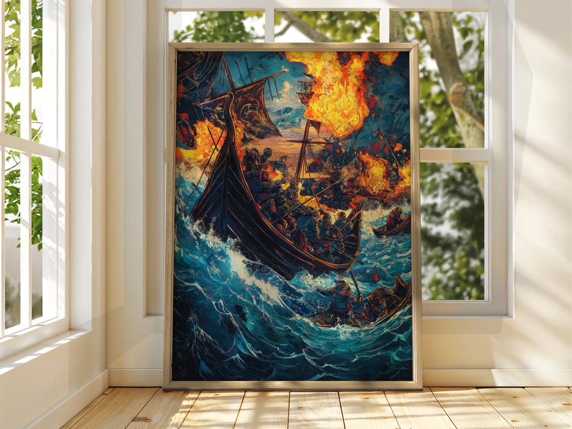 Samurai Naval Battle Burning Ships Dramatic Ukiyo-e Style Poster