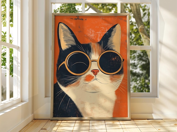 Cool Cat Wearing Round Sunglasses Retro Orange Vintage Cat Art Poster