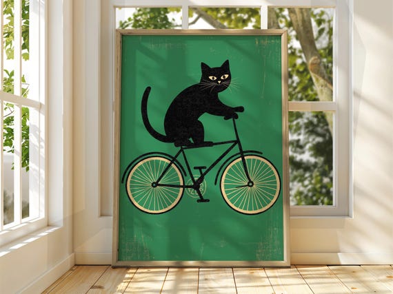 Cat Riding Bike Poster Wall Art Illustration Fun Animal Feline Decor Kitten Black Pet Green