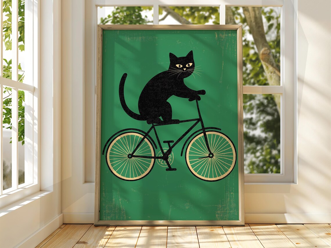 Black Cat Riding Bicycle Dark Green Vintage Illustration Cat Poster