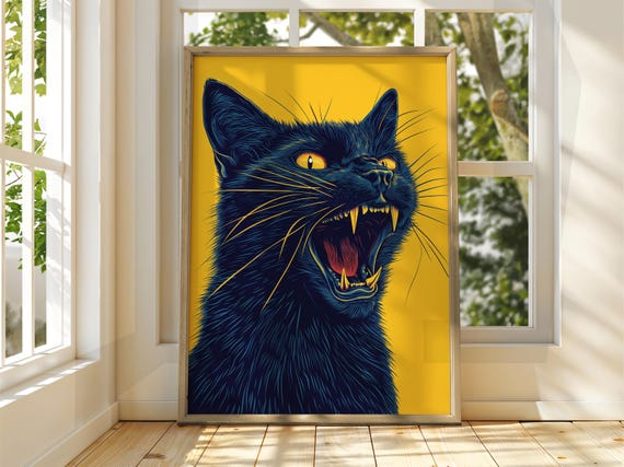 Angry Yellow Cat Poster Wall Art Illustration Fun Animal Feline Decor Kitten Black Pet