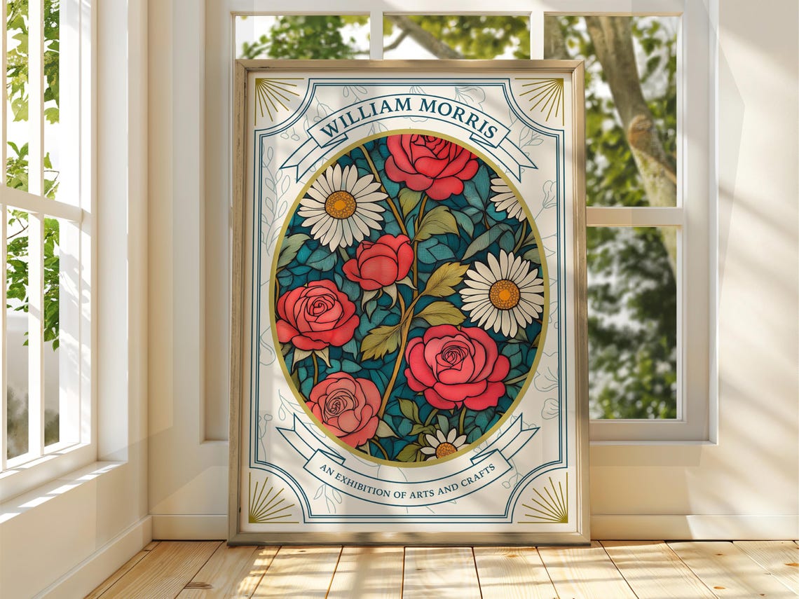 William Morris Arts And Crafts Roses Daisy Floral Exhibition Poster