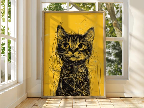 Cat In A String Poster Wall Art Illustration Fun Animal Feline Decor Kitten Grey Pet Yellow