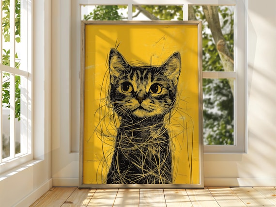 Sketchy Black Cat Portrait Mustard Yellow Background Whimsical Feline Poster